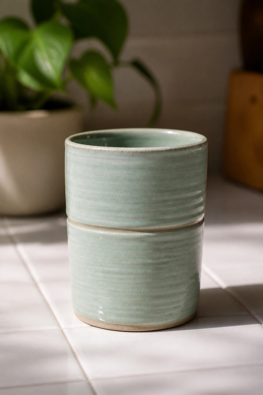 Light green ribbed ceramic cup on white tiled surface with blurred plant behind