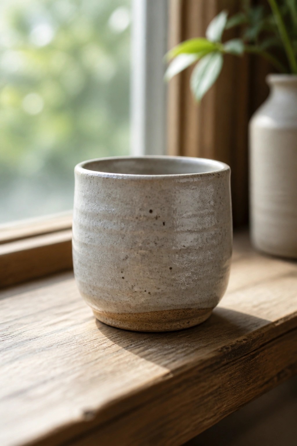 Rustic ceramic cup on sunlit wooden windowsill with white vase nearby