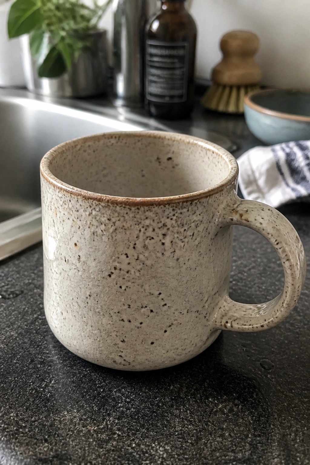 Speckled beige ceramic mug on dark kitchen countertop with sink and plants behind