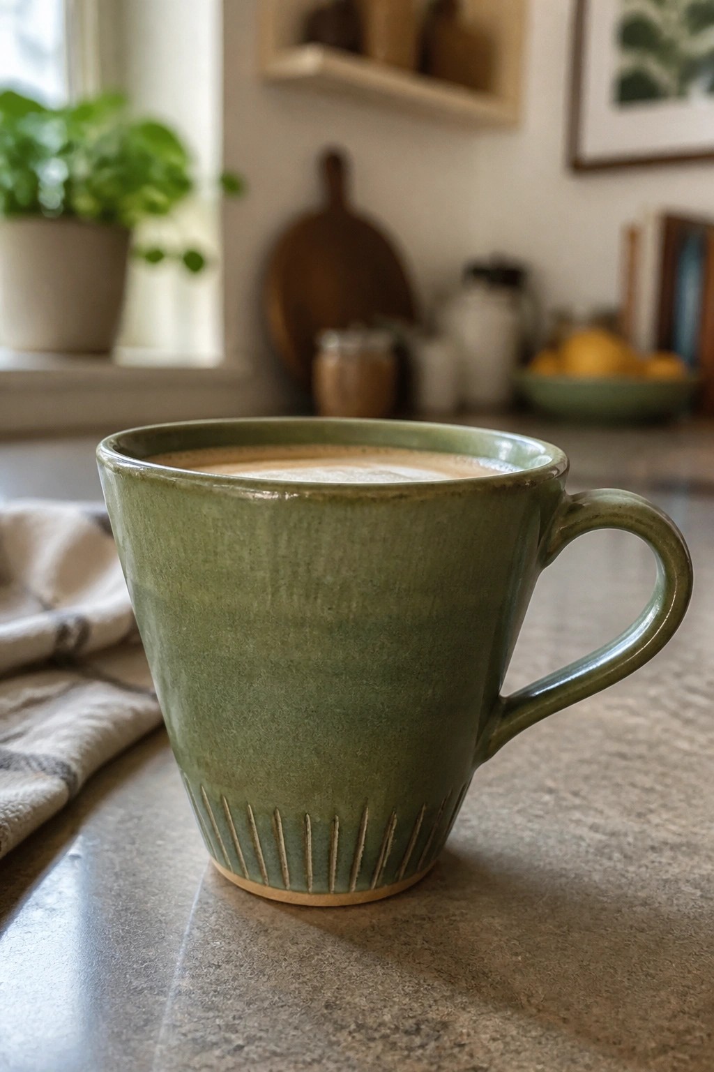 Green ceramic mug of coffee on speckled kitchen countertop with blurred background