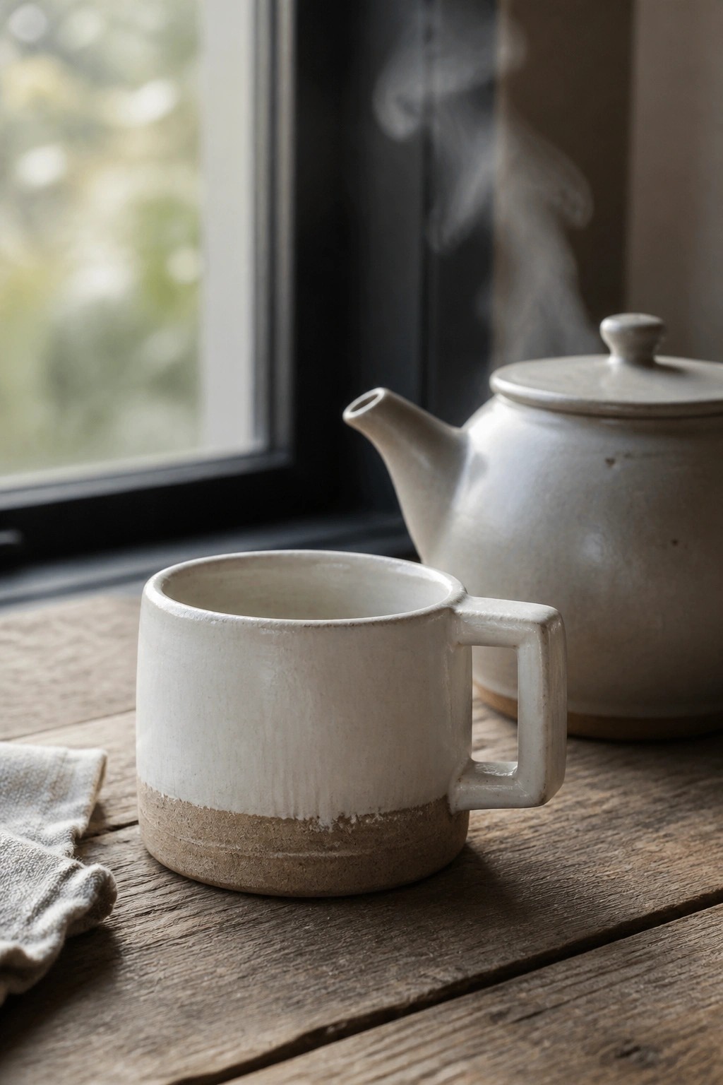 White ceramic mug and steaming teapot on wooden table by window