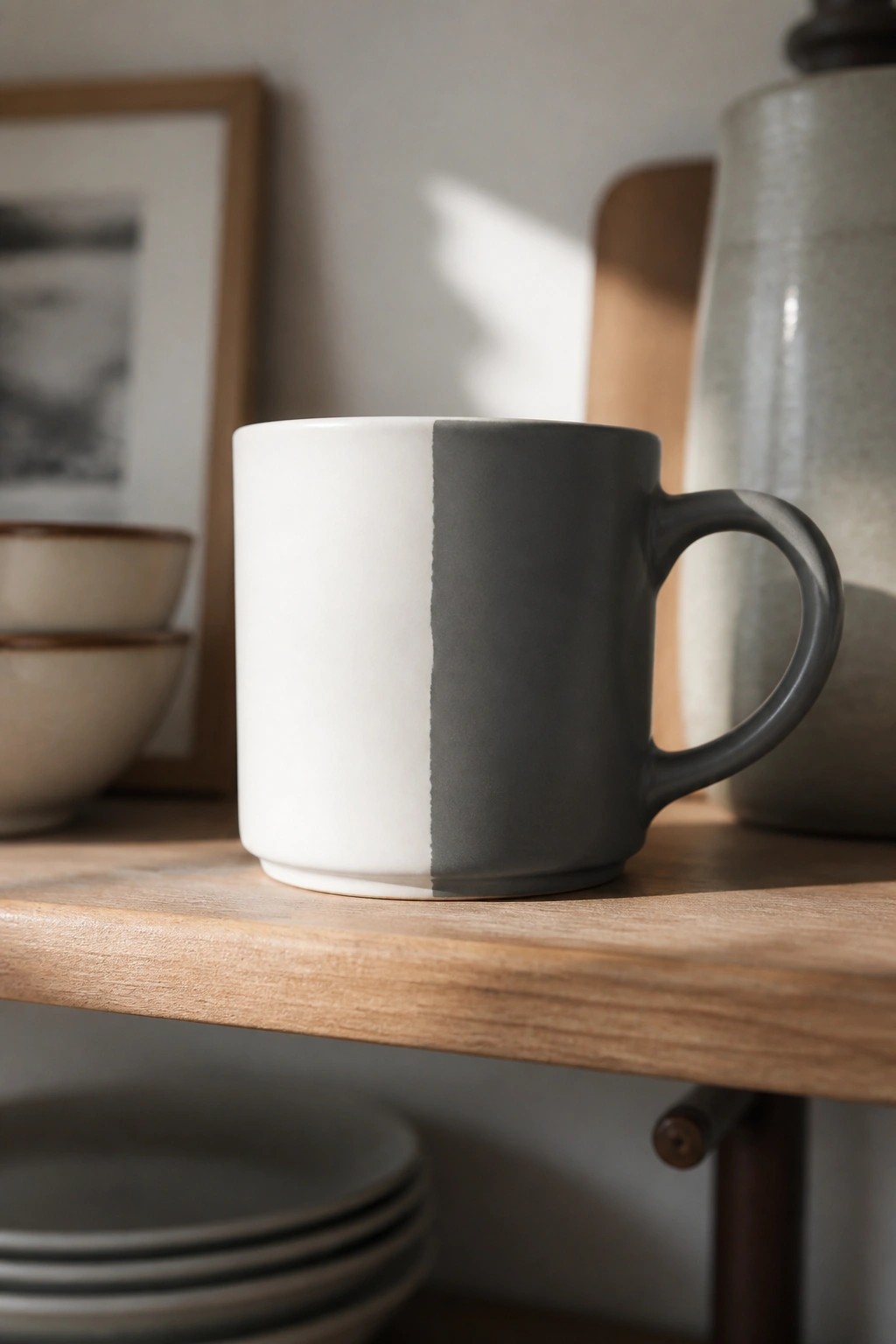 Two-toned white and gray ceramic mug on a sunlit wooden shelf
