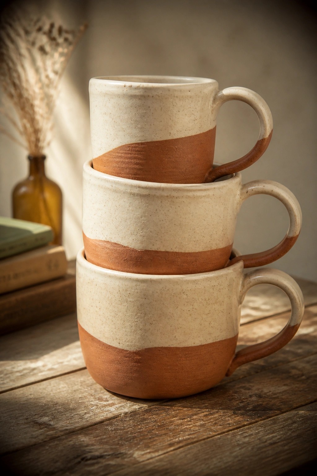 Three stacked two-tone ceramic mugs on rustic wooden table with books nearby.