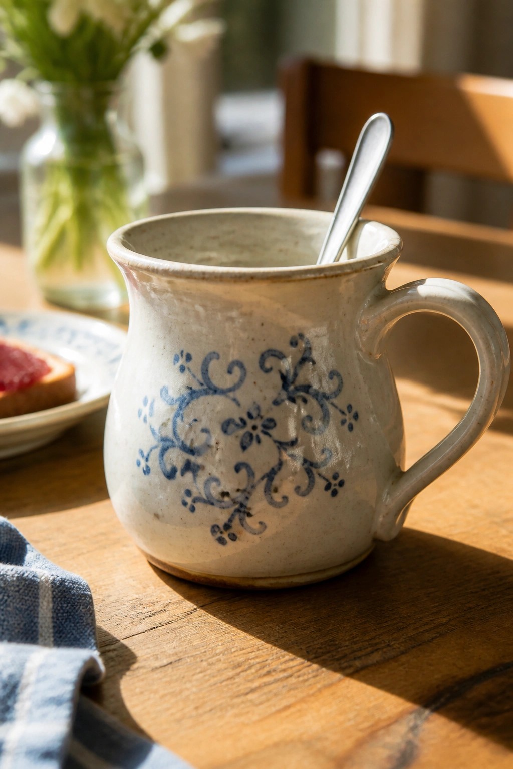 Ceramic mug with blue floral pattern and spoon on sunlit wooden breakfast table