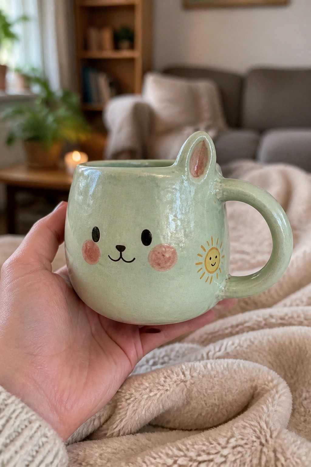 Hand holding mint-green ceramic mug with cat face, pink cheeks, and sun.