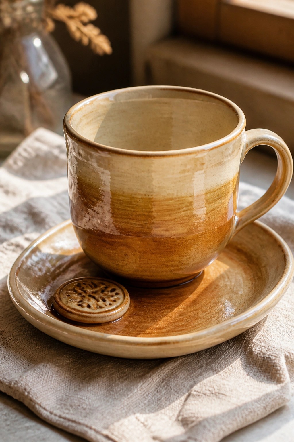 A brown glazed ceramic mug rests on a matching saucer beside a small round clay piece with a cut-out pattern, all placed on a linen cloth.