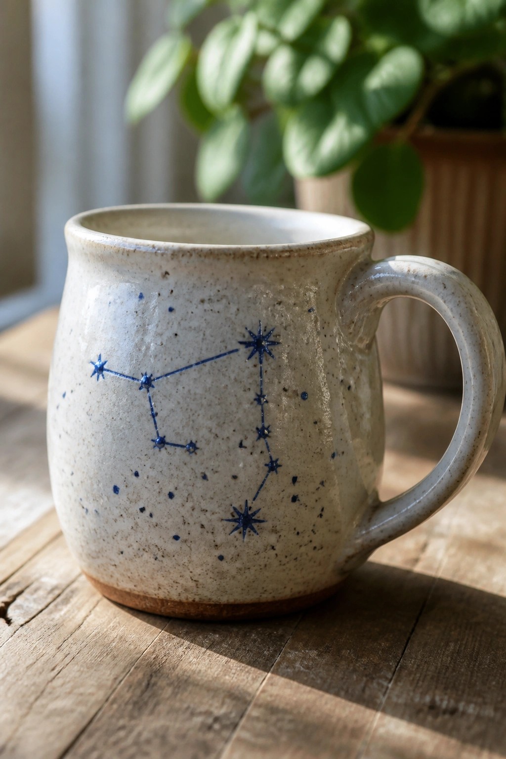 Cream ceramic mug with blue constellation on wooden table near green plant.