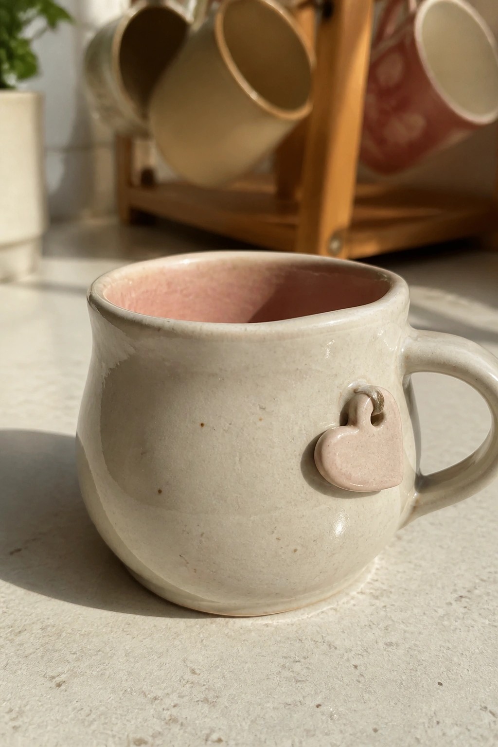 Cream ceramic mug with pink interior and heart accent on sunny surface.