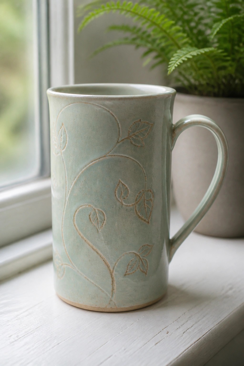 Light green ceramic mug with etched vine and leaf designs on white windowsill near fern plant