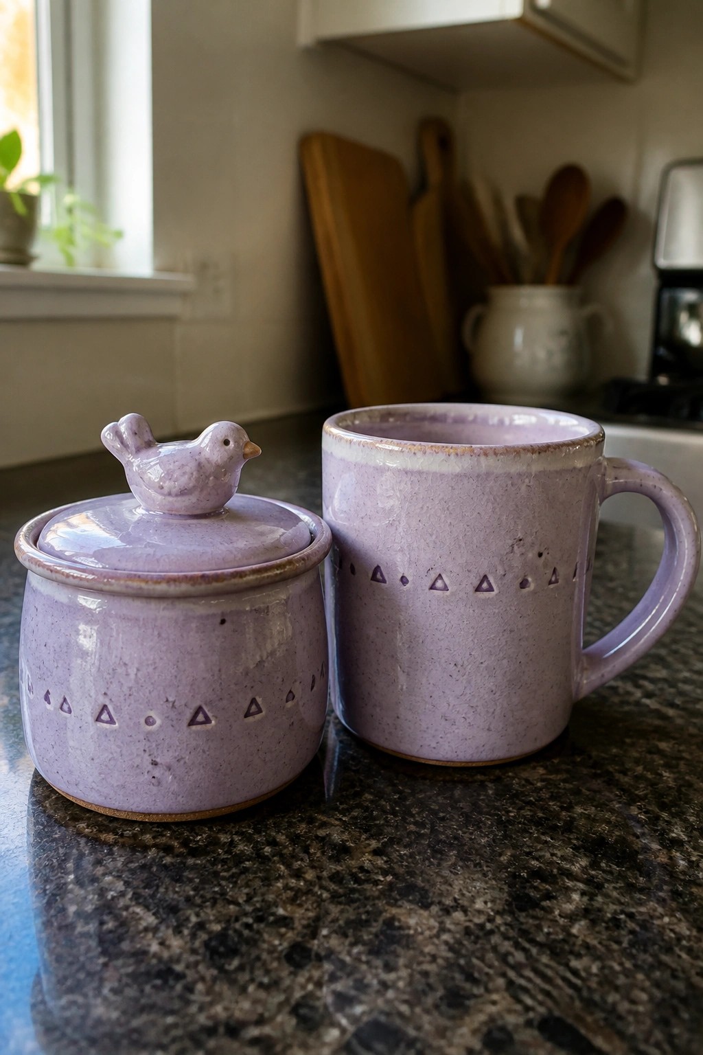 Purple ceramic jar with bird lid next to matching mug on counter