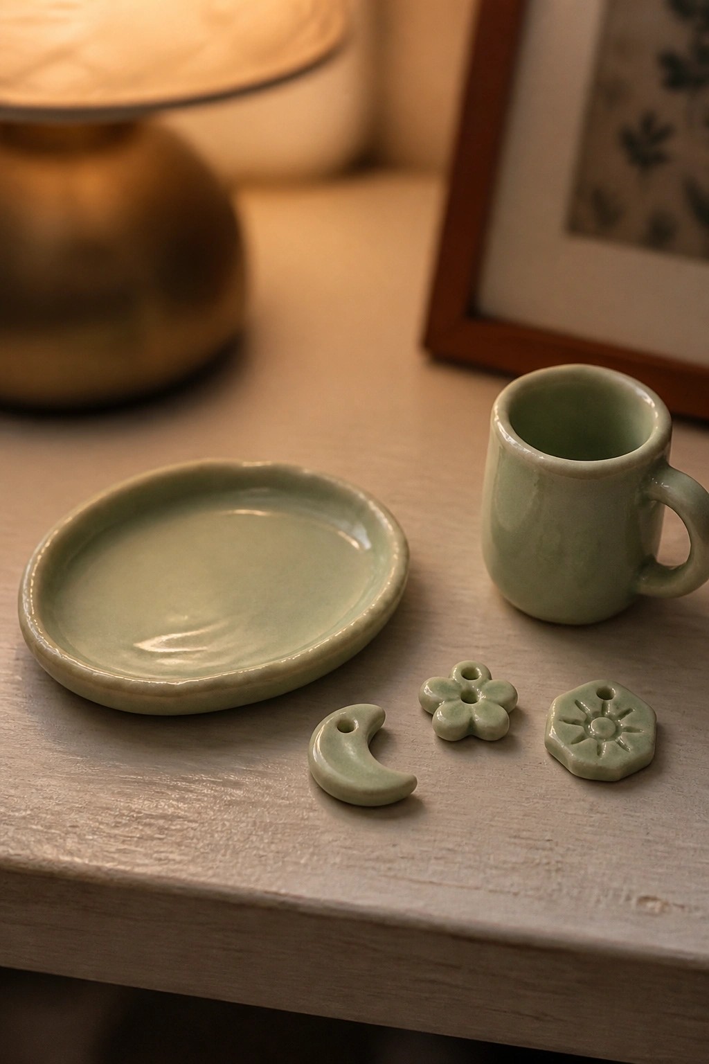 Light green ceramic plate, mug, and moon-flower-sun charms on wooden table