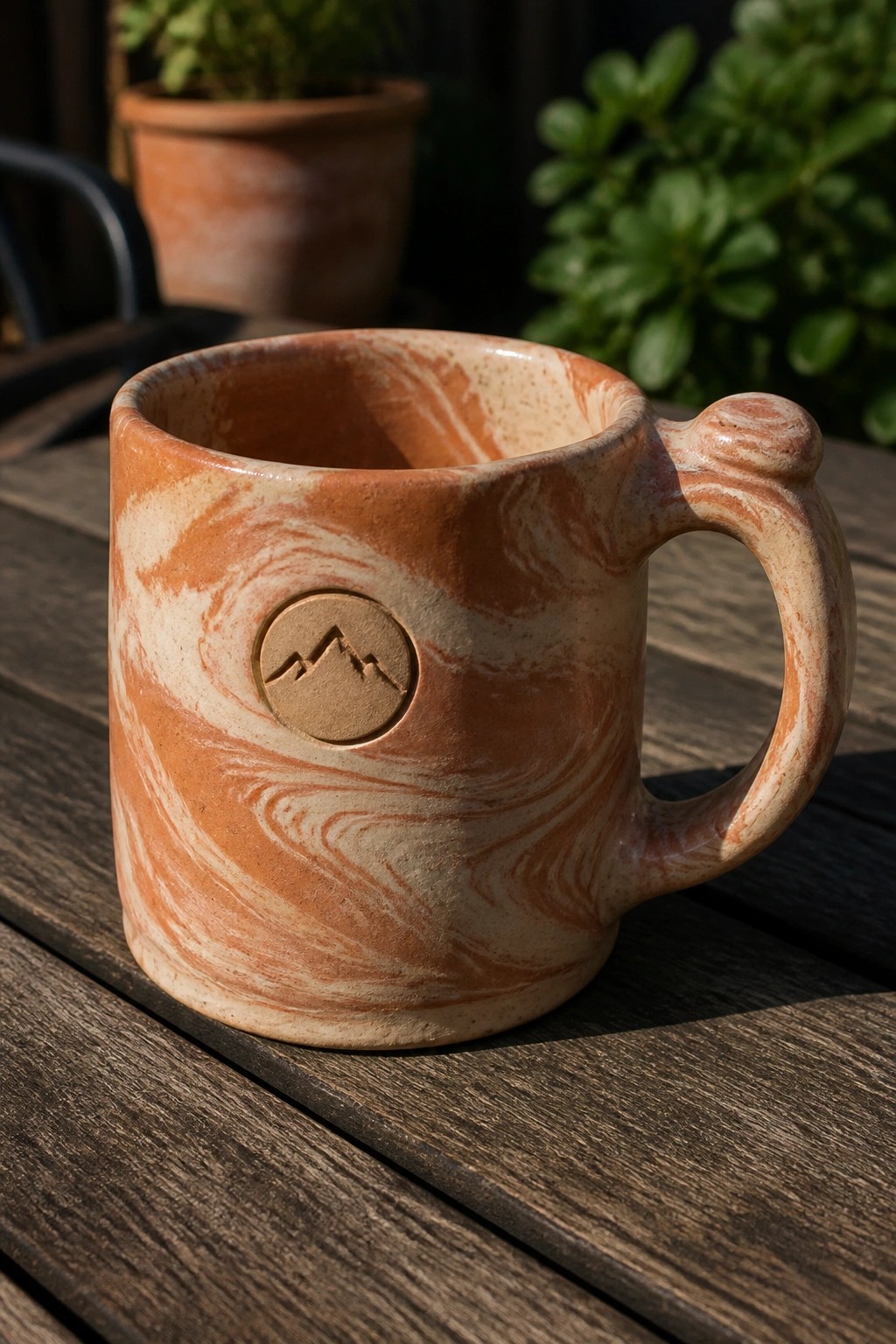 Marbled orange ceramic mug with mountain stamp on wooden table outdoors.