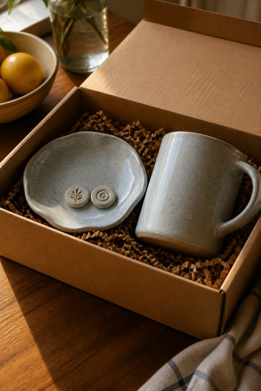 Open cardboard box with light blue ceramic mug and small dish on shredded paper