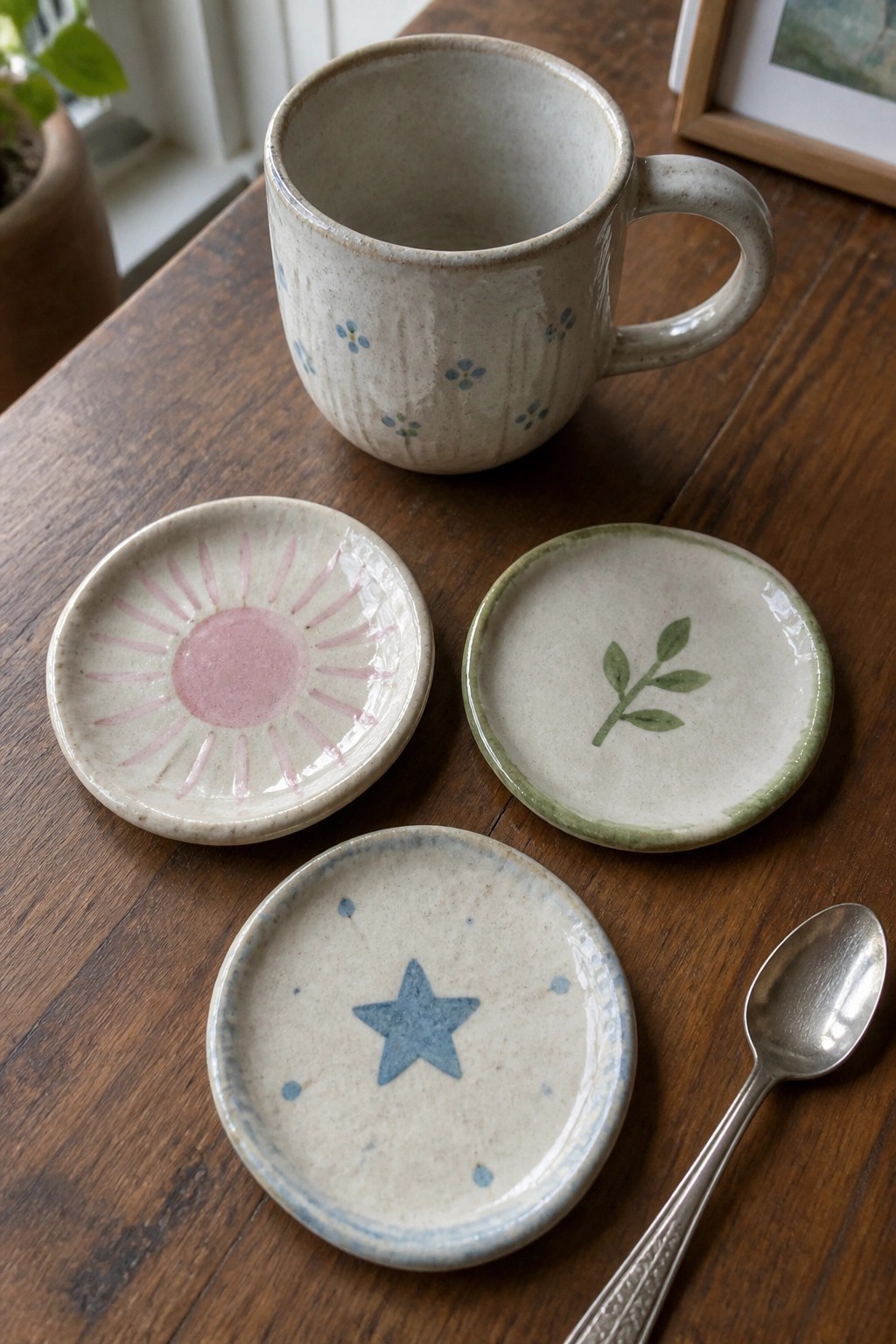Ceramic mug with blue flowers beside three patterned saucers and spoon on wood.