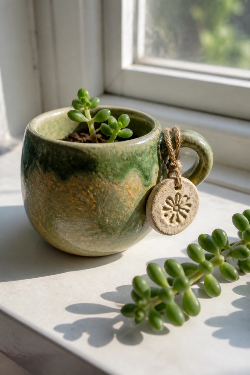 A green ceramic mug with a small succulent inside sits on a windowsill, with a stamped clay tag tied to the handle and another succulent stem resting nearby.