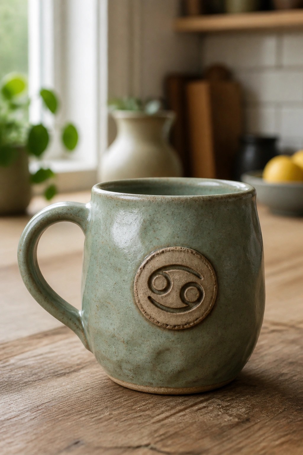 Sage green ceramic mug with embossed Cancer symbol on wooden table