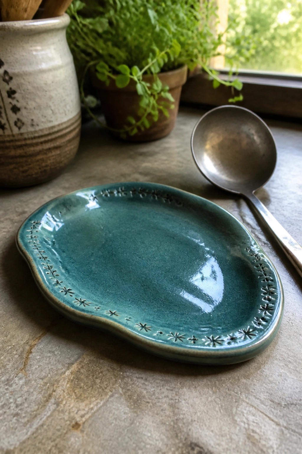 Teal ceramic plate with spoon on stone surface near potted plants