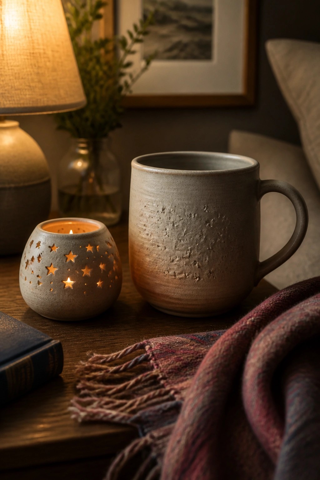 Ceramic mug and glowing star candle holder on wooden table with plaid blanket