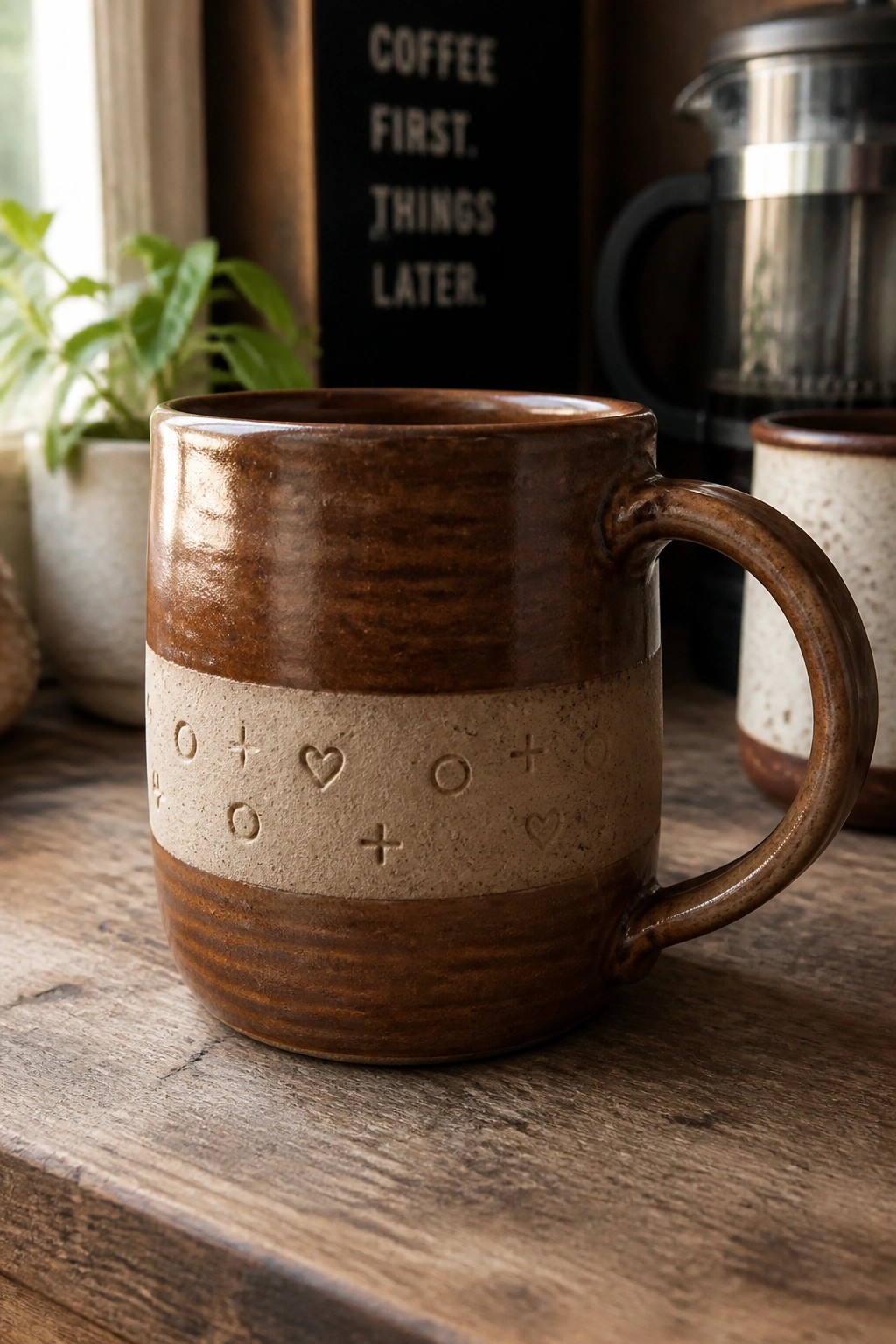 Brown ceramic mug with stamped hearts and symbols on wooden table
