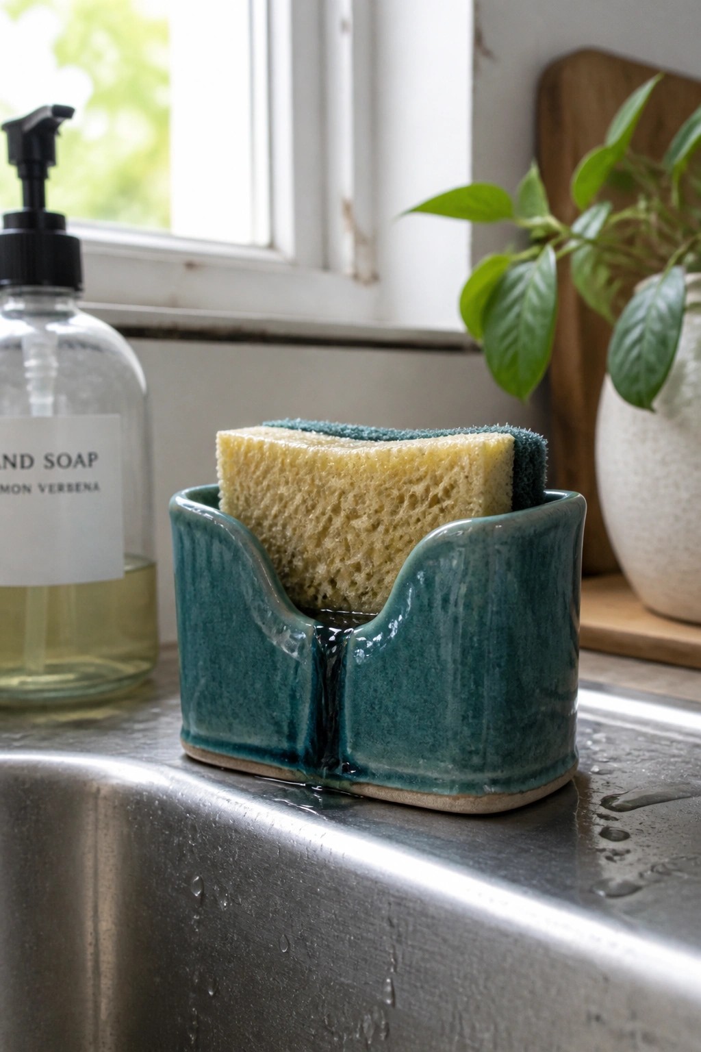 A teal ceramic sponge holder with a drainage notch sits on a stainless steel sink edge holding a yellow and green sponge.