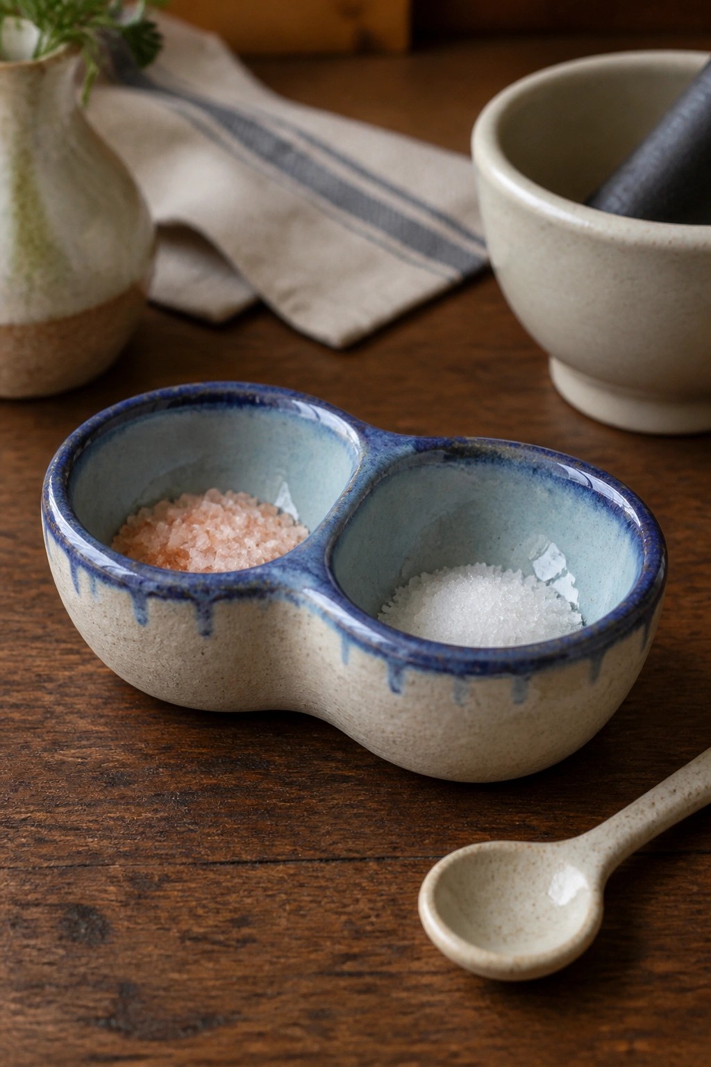 Divided ceramic bowl with pink and white salt beside mortar and spoon on wood