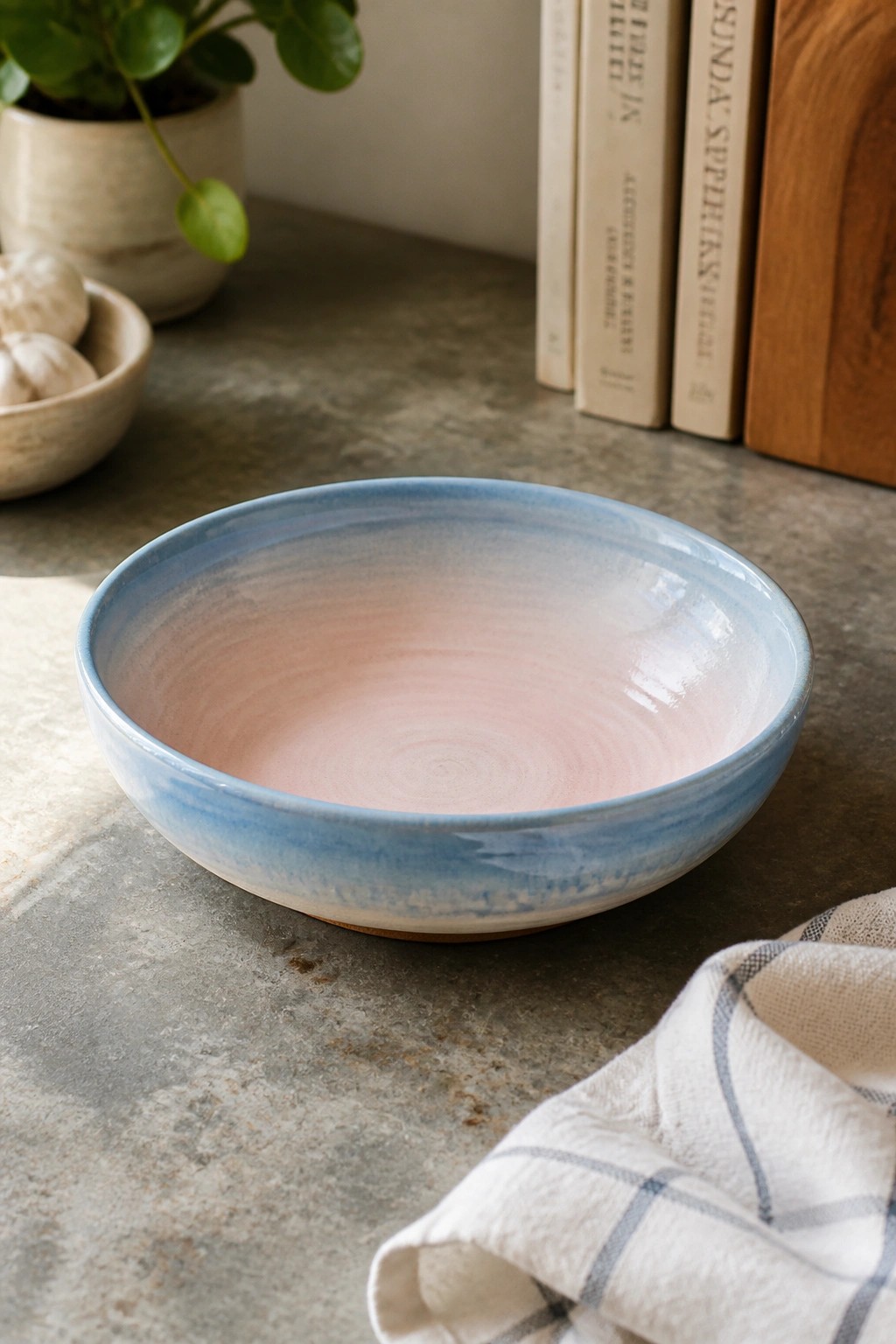 Blue-pink ceramic bowl beside checkered napkin on gray stone counter