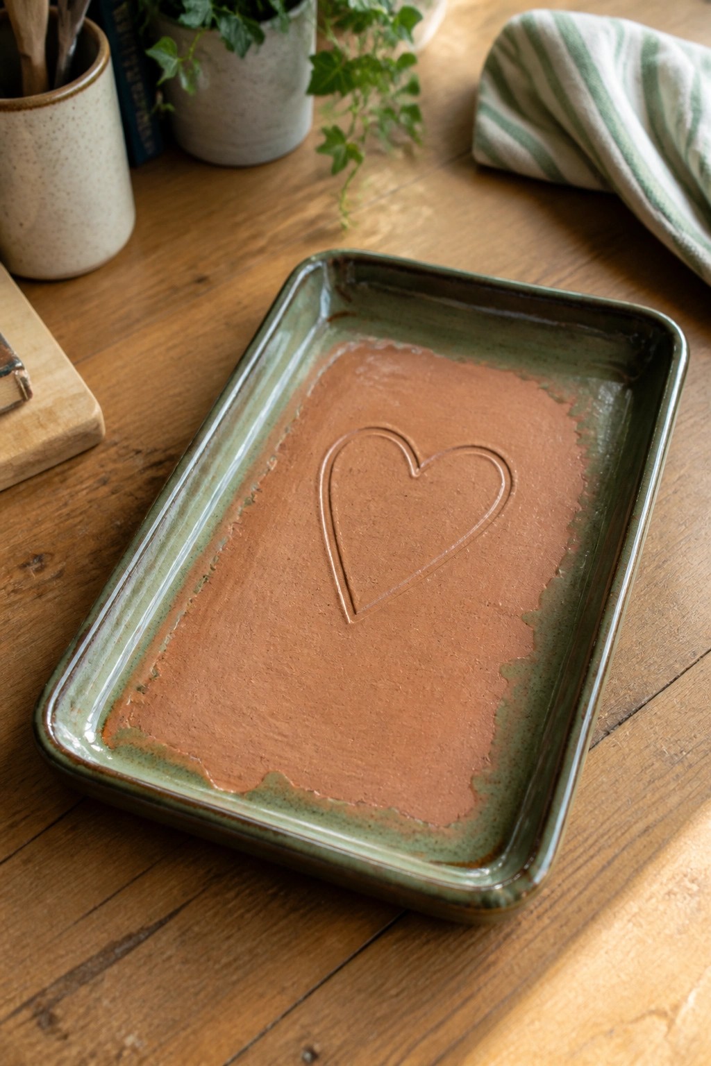 Green-rimmed ceramic tray with embossed heart on rustic wooden table