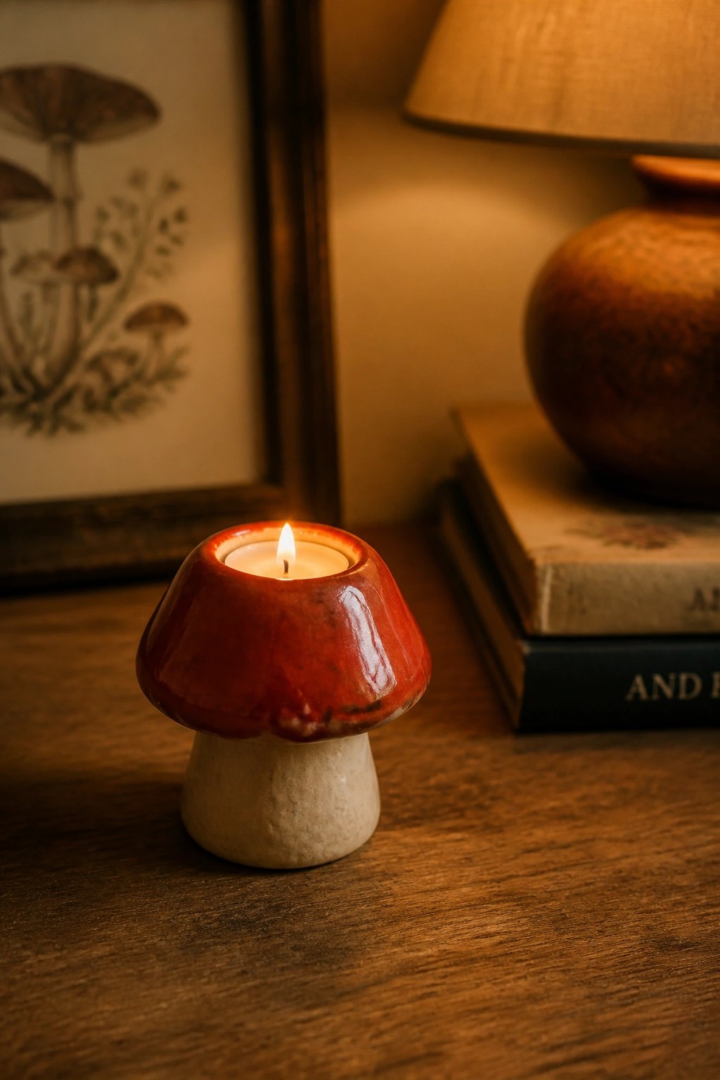 A small red and white ceramic mushroom-shaped candle holder with a lit tealight inside, placed on a wooden surface next to stacked books.