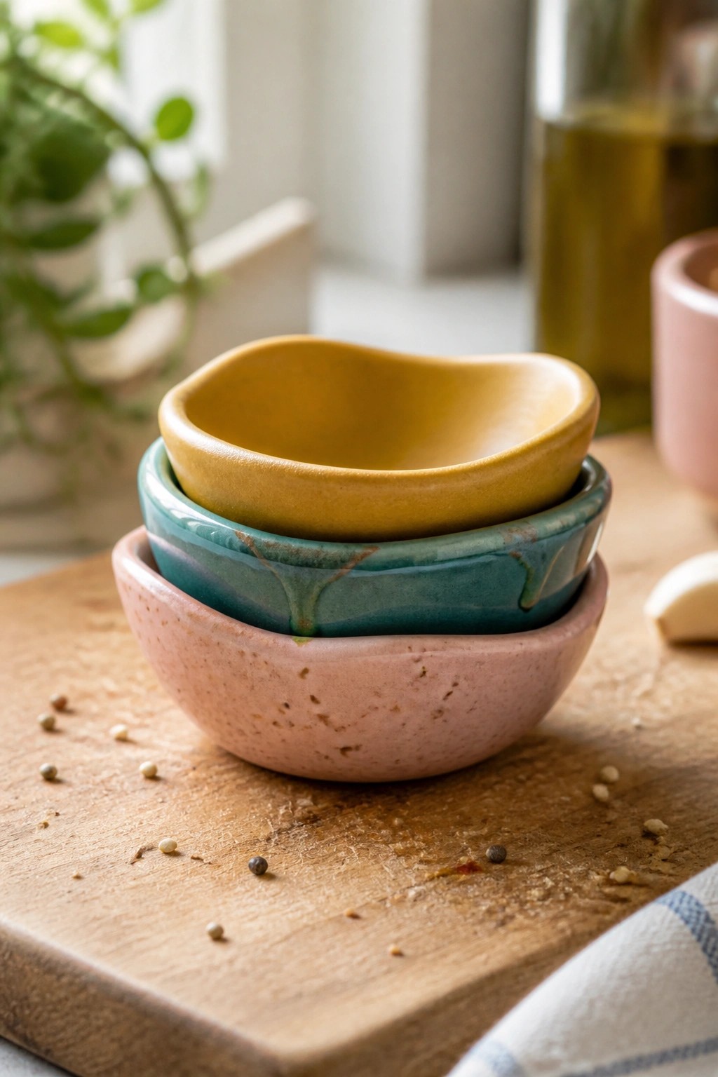 Stacked yellow, teal, and pink ceramic bowls on a rustic wooden board.