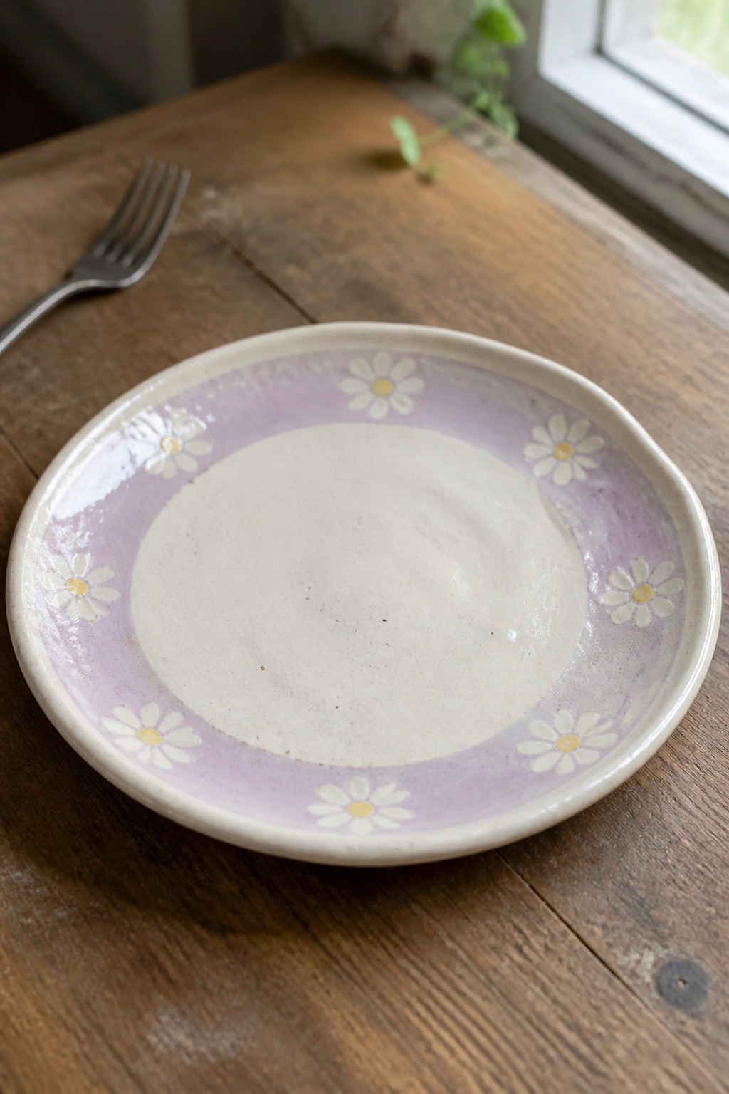 Ceramic plate with purple daisy border on rustic wooden table beside fork