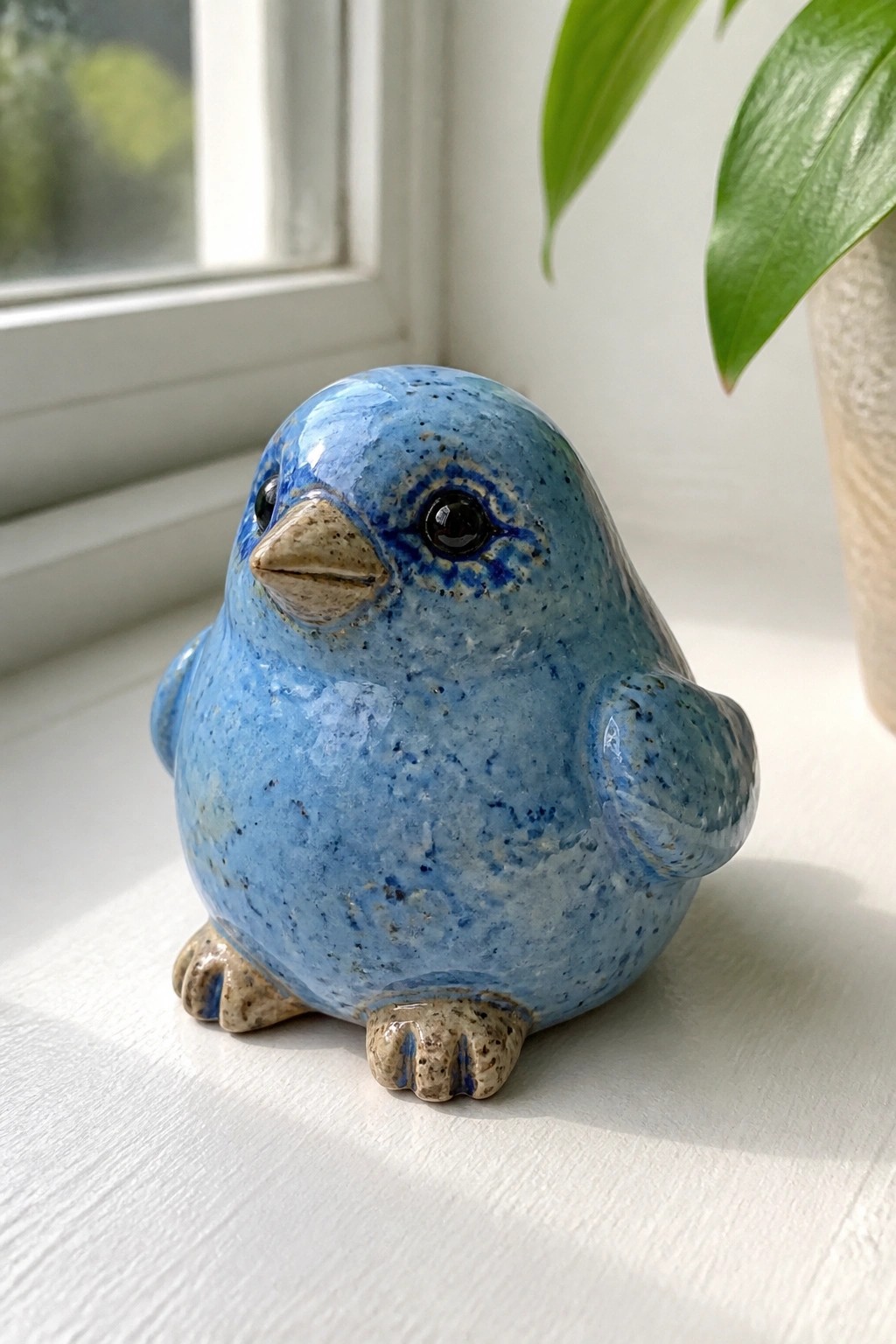 Blue speckled ceramic bird figurine on white windowsill beside green plant