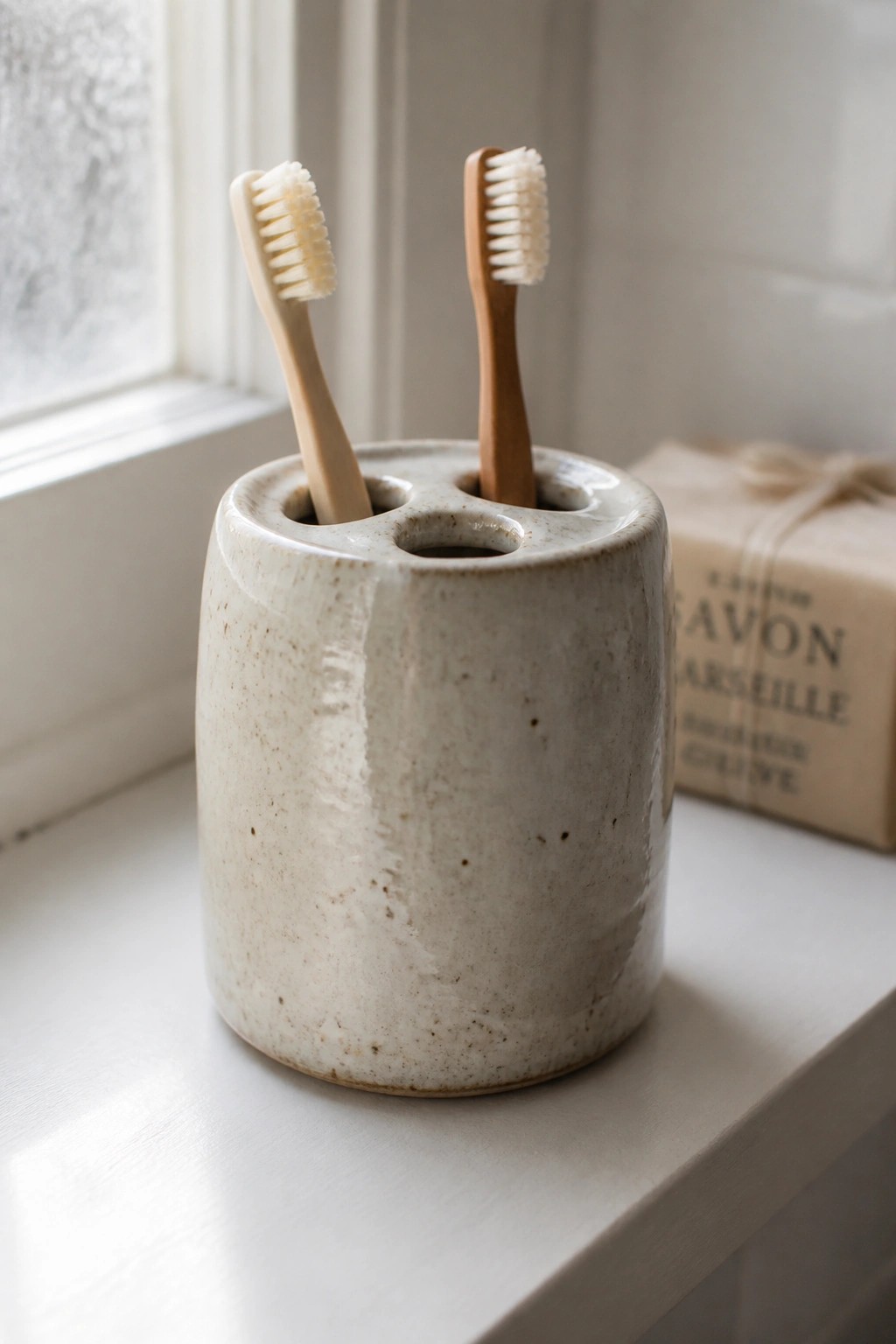 Two toothbrushes in a speckled ceramic holder on a white windowsill with soap nearby