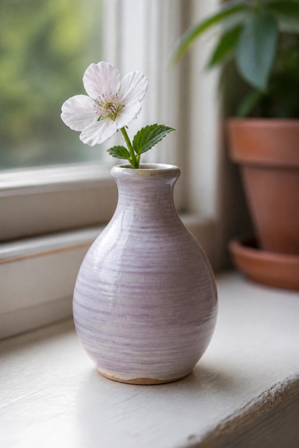 Small purple striped vase with white flower on bright windowsill