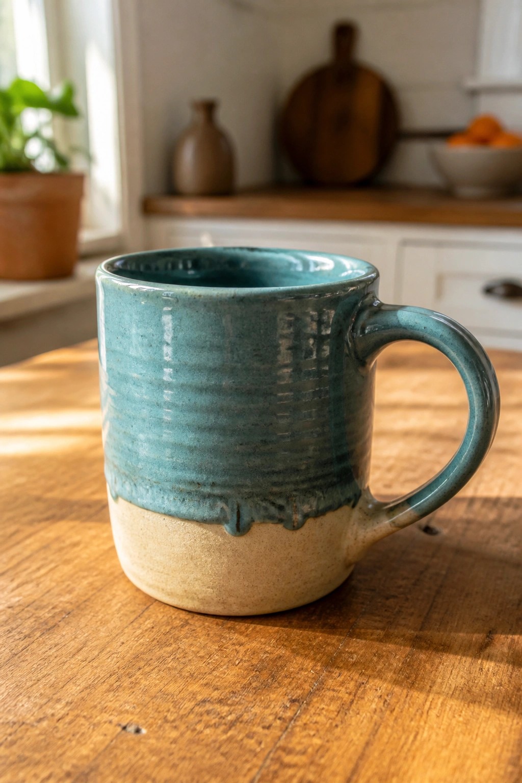 Teal ceramic mug with beige base and handle on wooden kitchen table