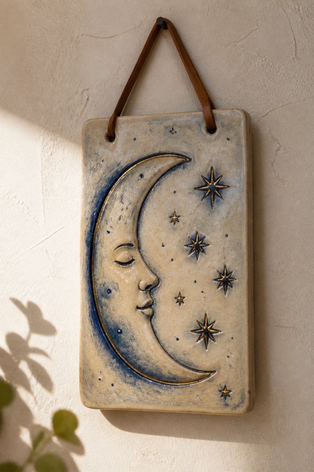 Ceramic tile with crescent moon face and gold stars, hung by leather strap on wall