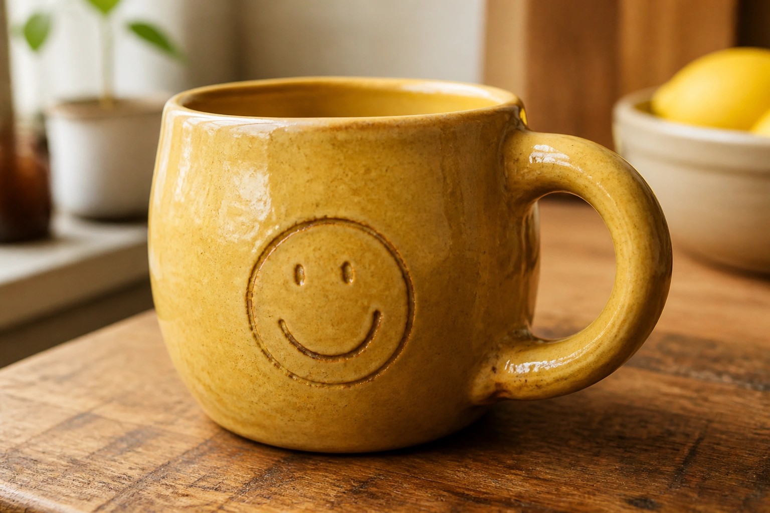 Yellow ceramic mug with smiley face on rustic wooden kitchen table.