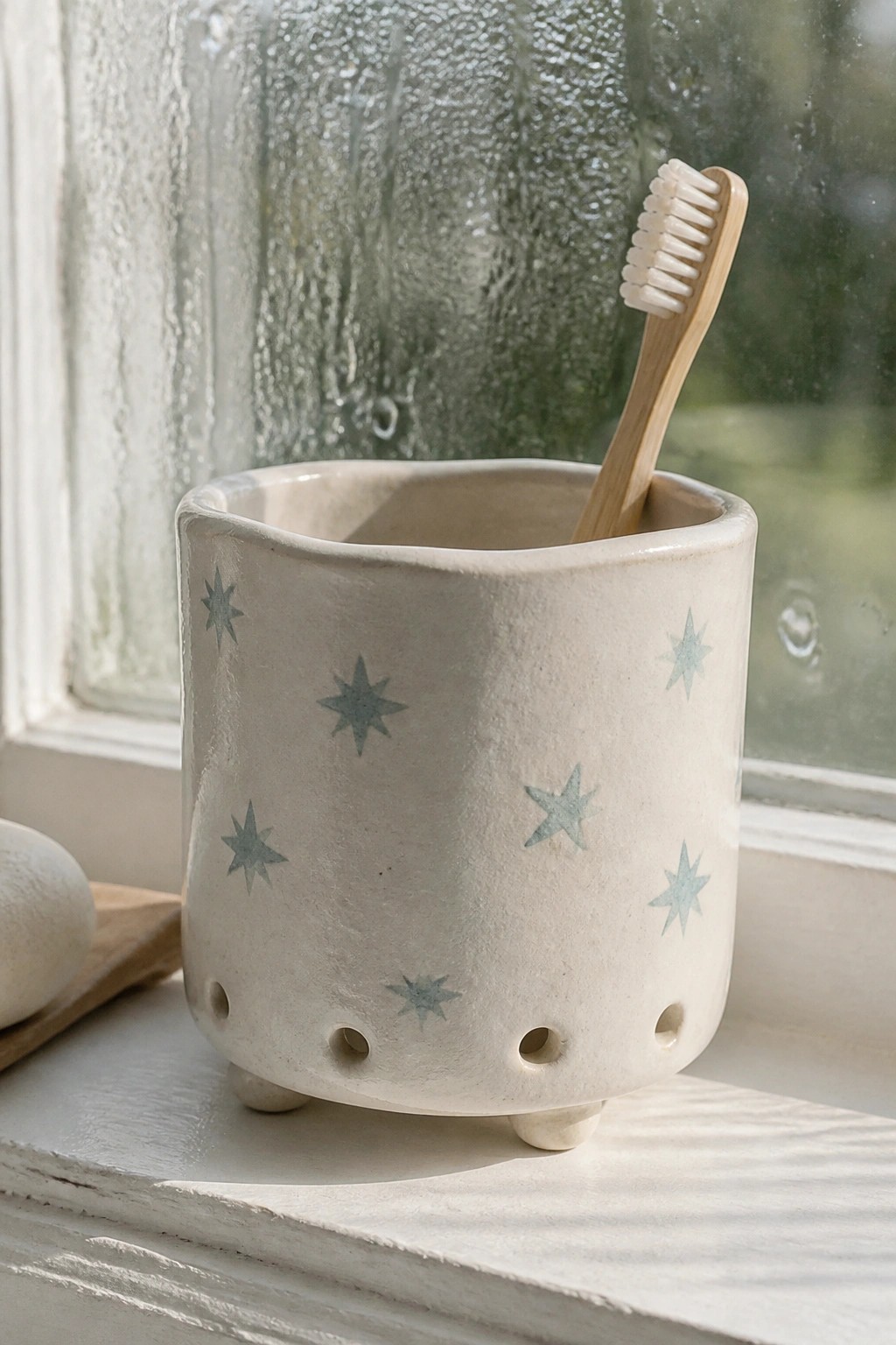 Ceramic holder with blue stars holding bamboo toothbrush on foggy windowsill ledge