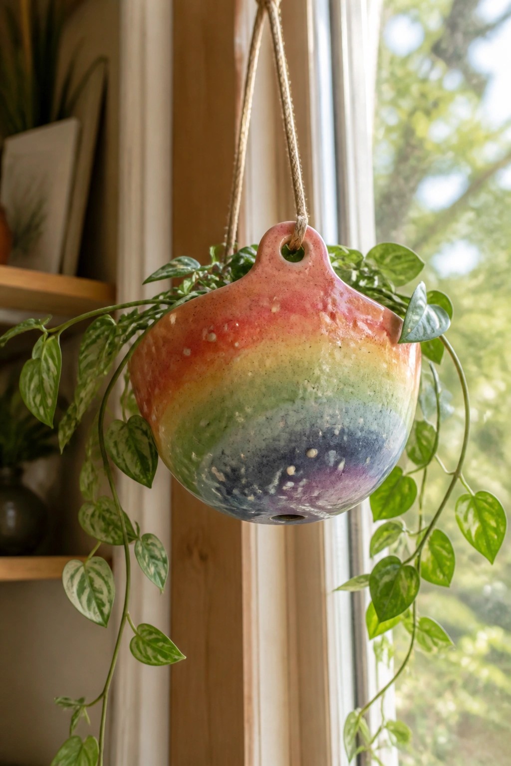 Rainbow ceramic hanging planter with trailing variegated plant near window