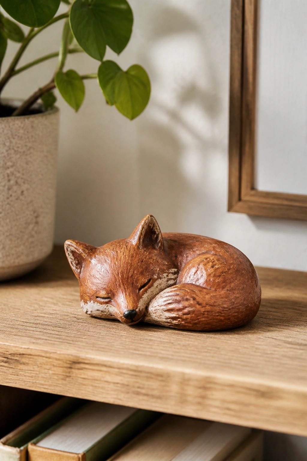 Carved wooden fox curled asleep on a light wood shelf near a potted plant