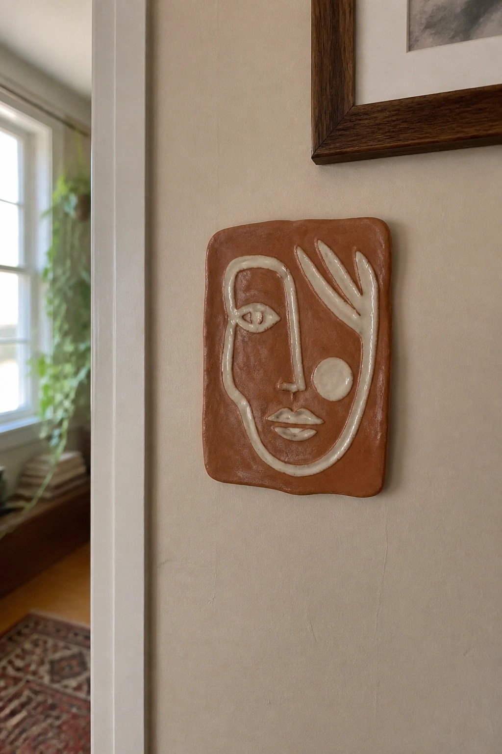 Terracotta rectangular plaque with white abstract face mounted on beige wall.
