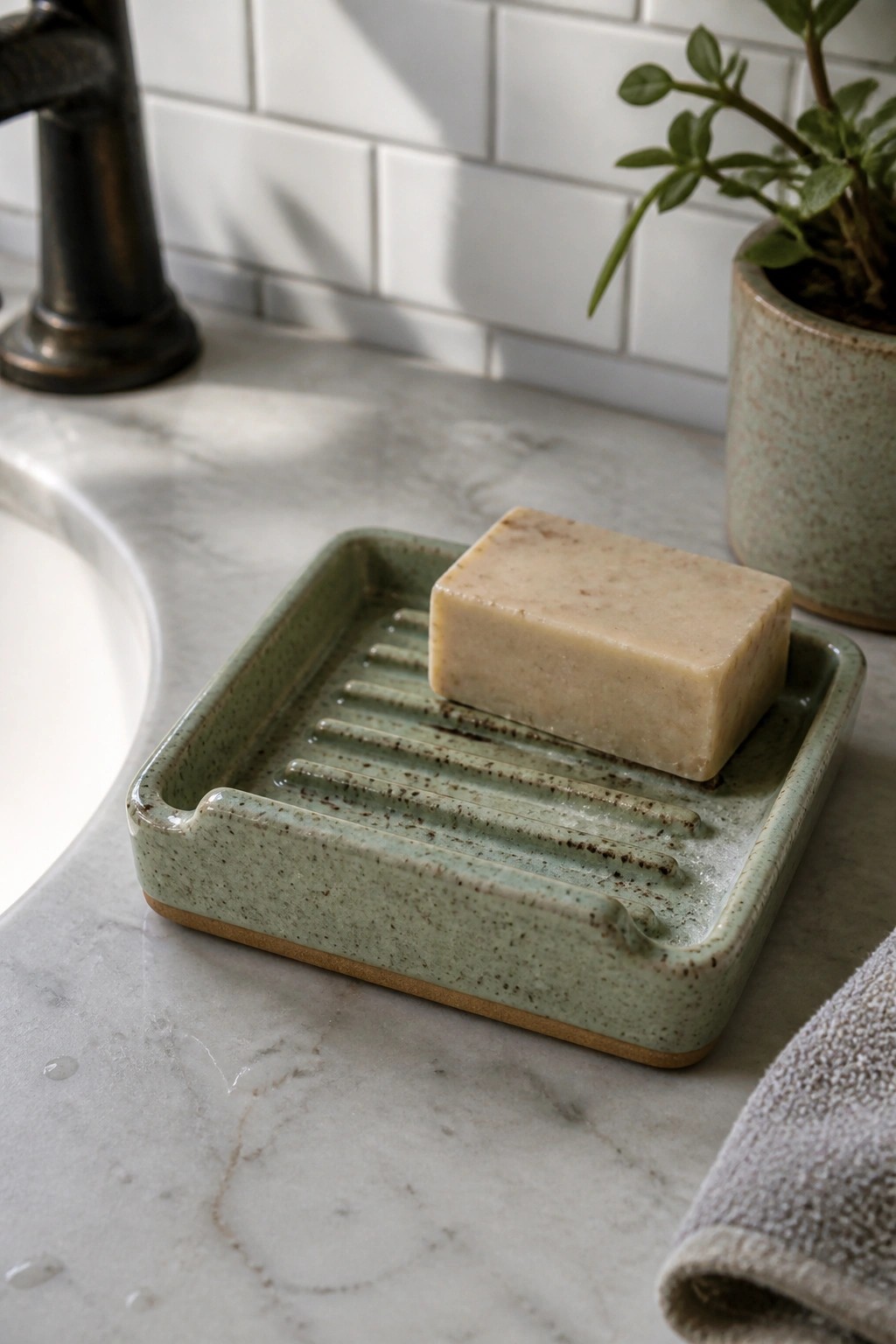 Beige soap bar on ribbed green ceramic dish atop marble bathroom counter