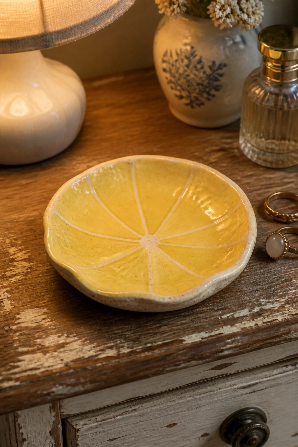 Yellow ceramic lemon-slice bowl on rustic wood beside gold rings and vase.