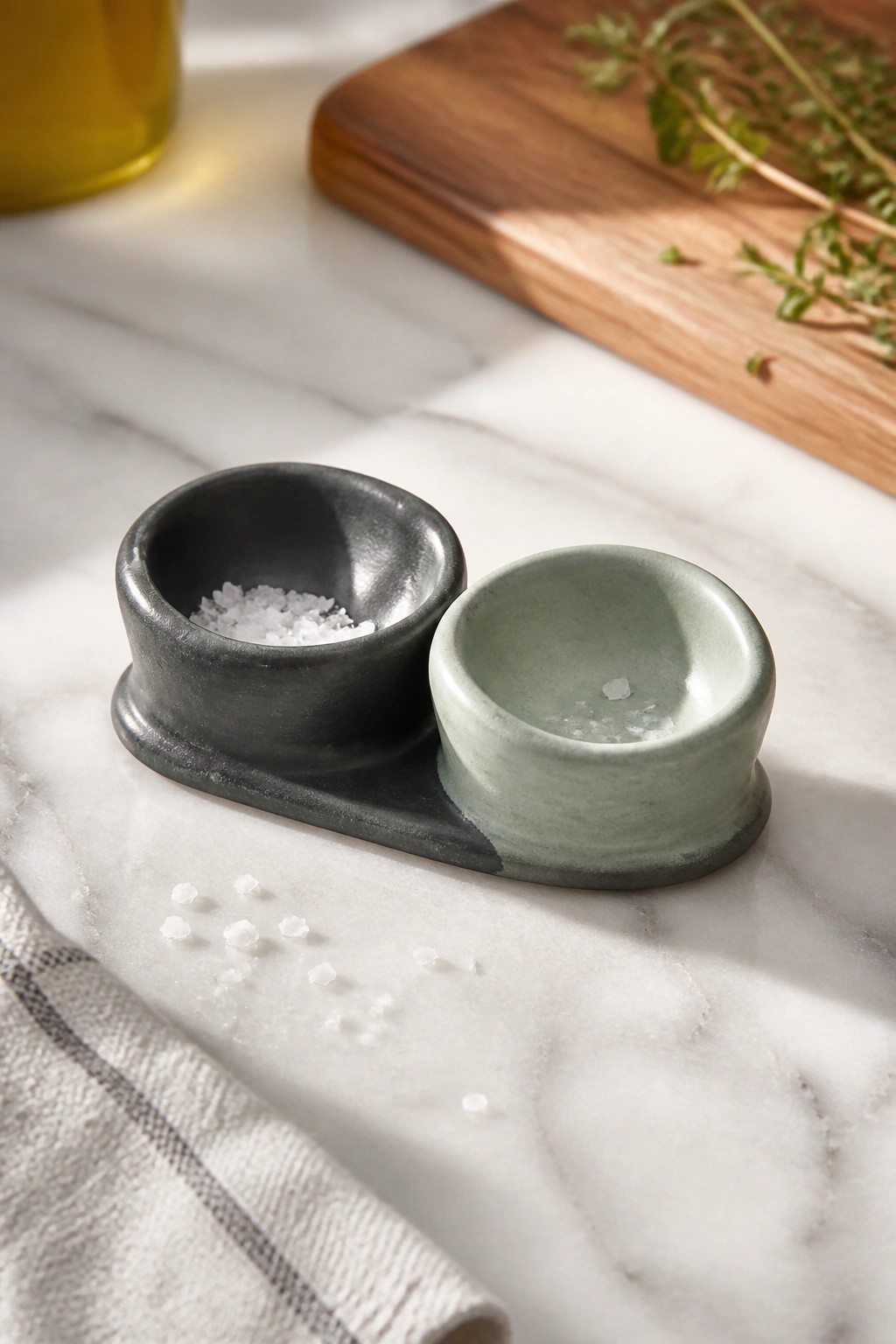 Two small ceramic bowls joined on an oval base rest on marble, one dark and one light green, holding coarse salt.