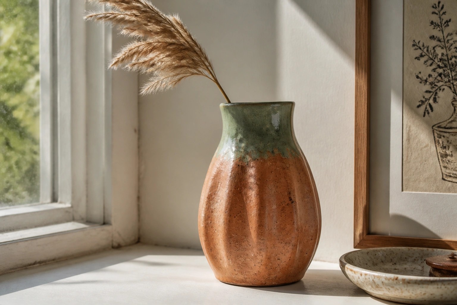 Green and terracotta ceramic vase with dried grass on sunlit windowsill