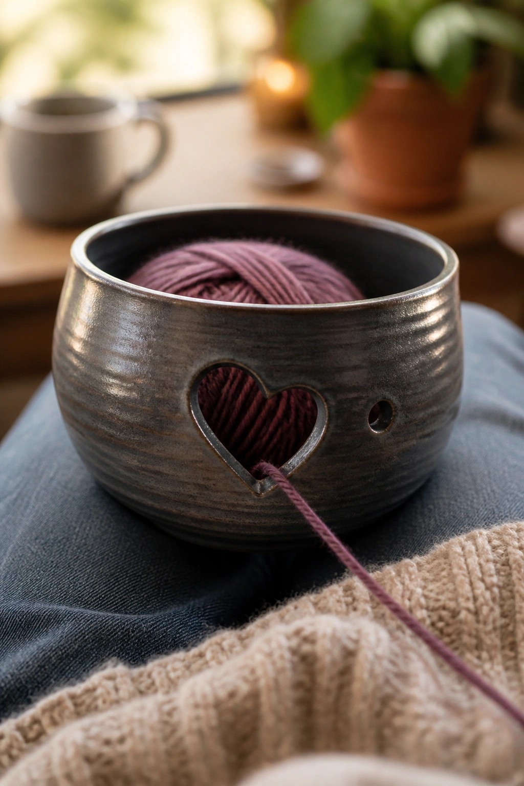 Textured gray ceramic yarn bowl with heart cutout holding purple yarn beside beige knit.