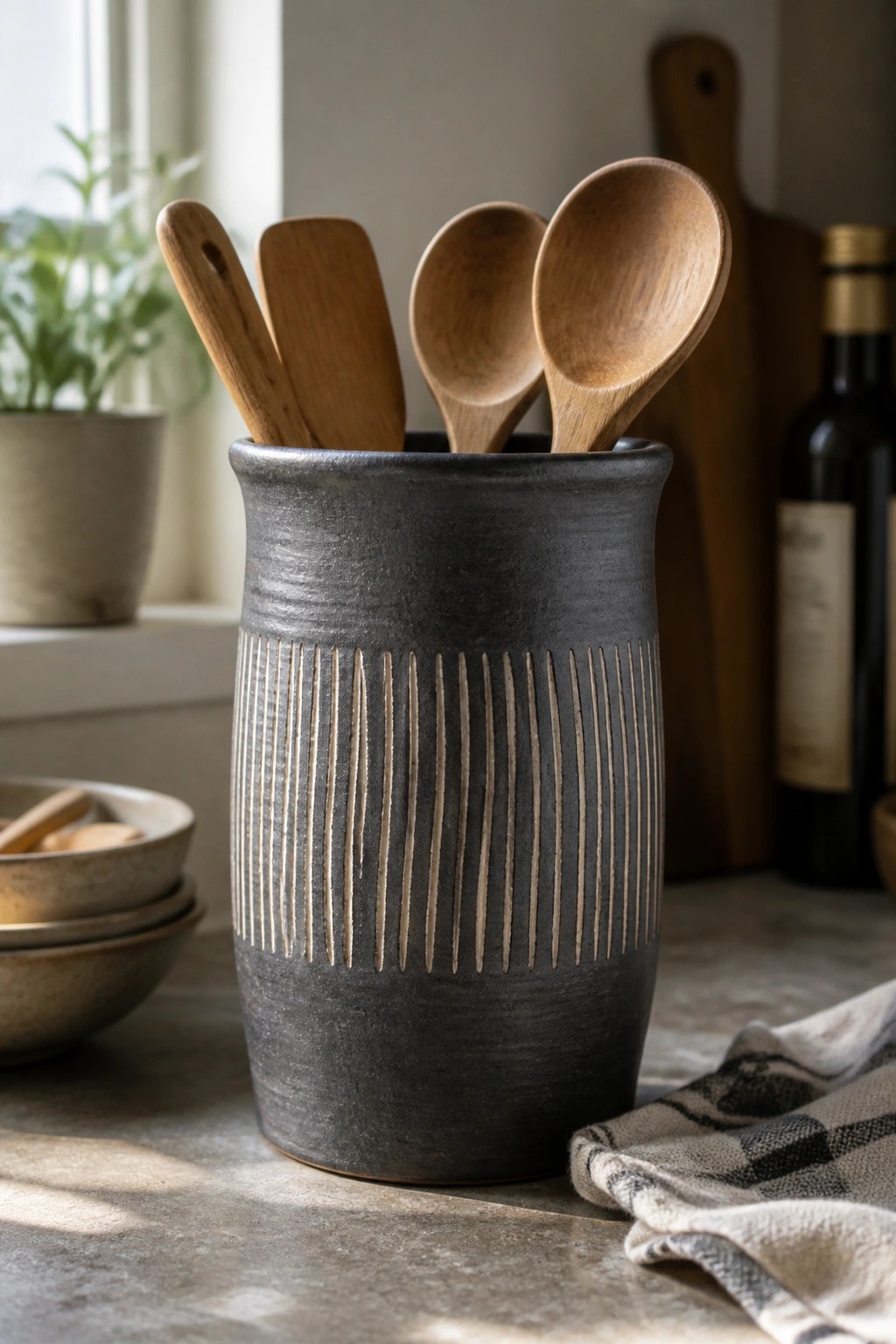 Dark ceramic crock holding wooden spoons on a rustic kitchen counter