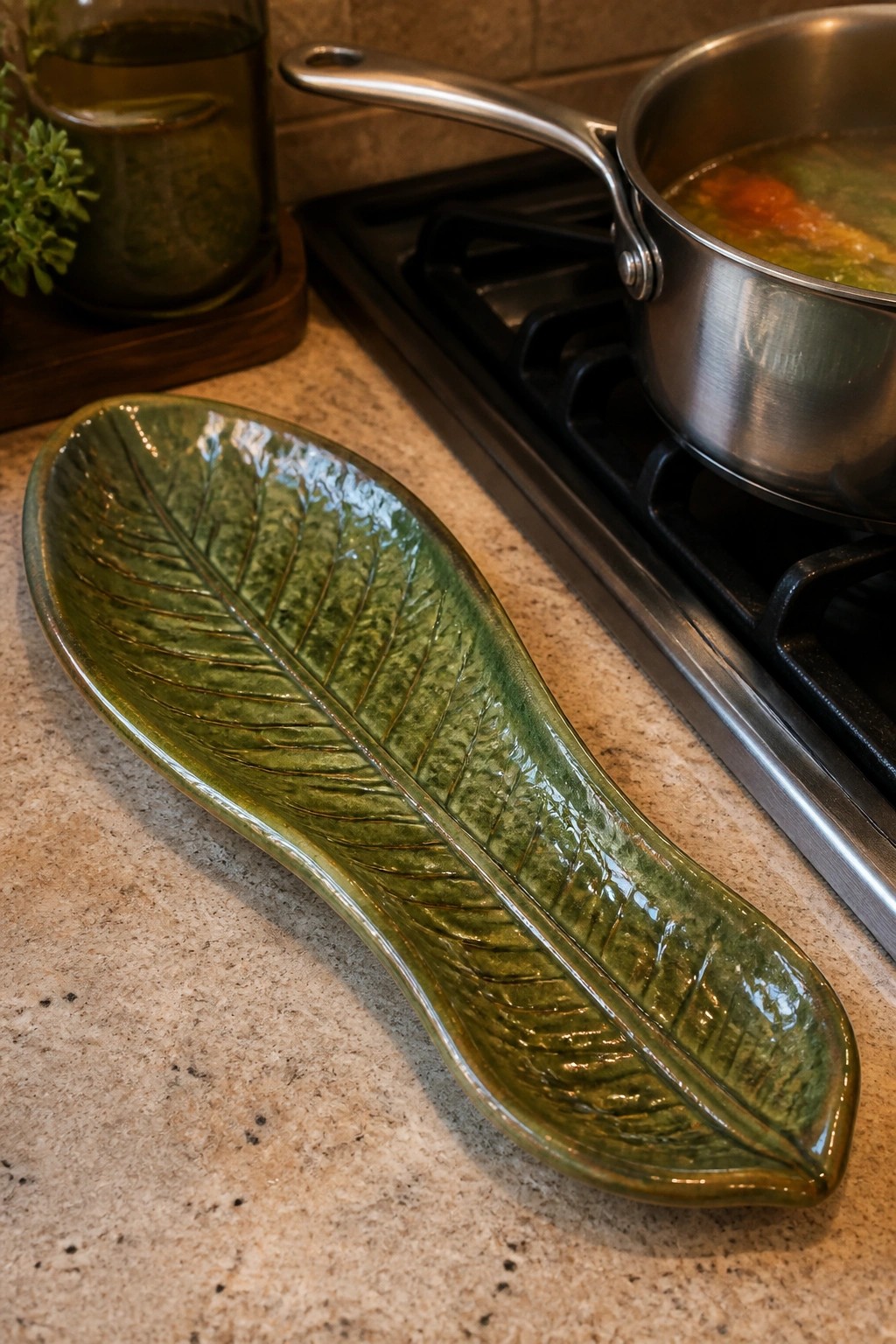 Green leaf-shaped ceramic bowl on countertop beside pot on stove