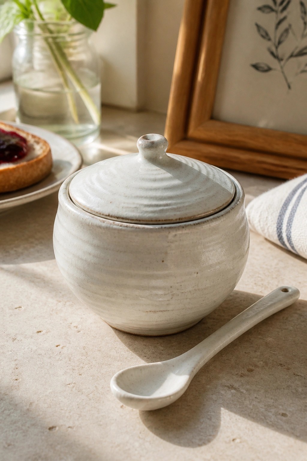 Lidded ceramic bowl with spoon on sunlit table near toast and vase