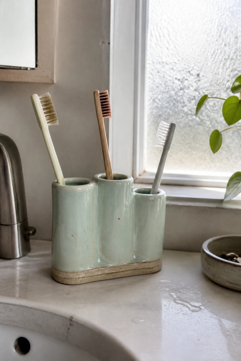 Three toothbrushes in a mint green ceramic holder on marble bathroom counter.
