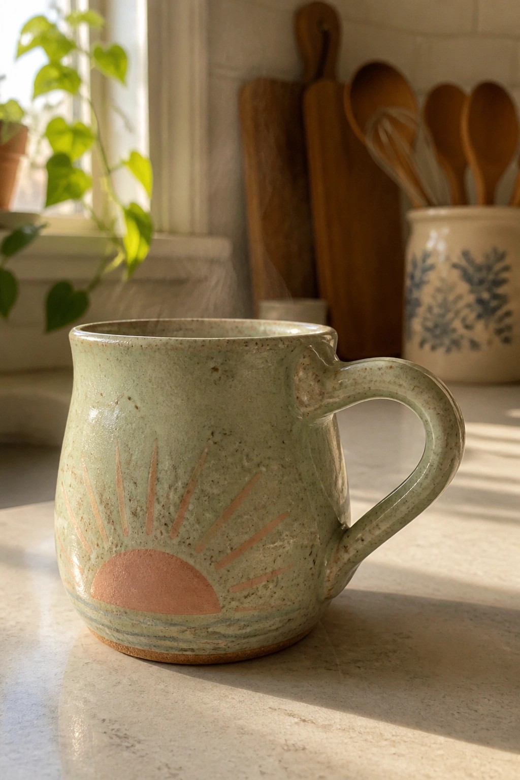 Light green speckled mug with pink sun design, steam rising on counter